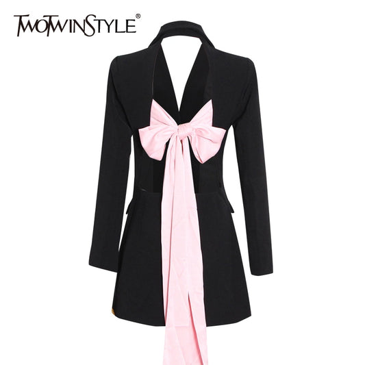 TWOTWINSTYLE Backless Hit Color Bowknot Lace-up Women's Blazer Notched Long Sleeves Slim Fit Coats Female 2022 Spring Fashion